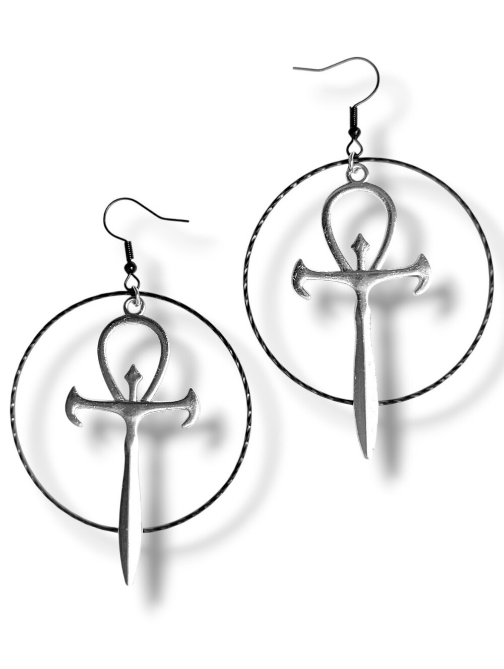 NWT Handmade Large Silver Ankh Black Hoop Layered Earrings